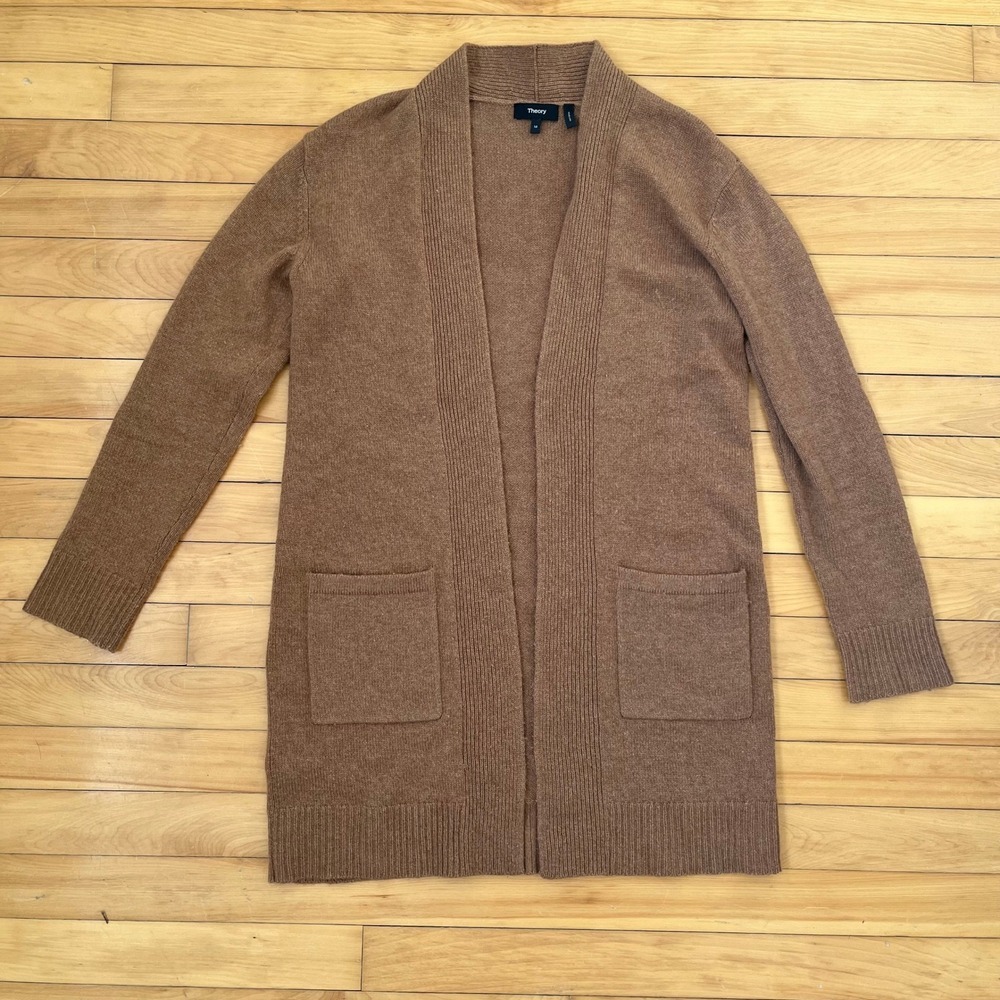 Theory Slouchy Cardi 100% Cashmere Open Front Longline Cardigan Brown Medium